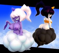 2girls 3d areolae ass big_ass big_breasts black_hair bottom_heavy bottomless breasts clothing cloud crop_top dazzi_(pal) female female_only flashing flashing_breasts floating hair_over_eyes horn looking_at_viewer looking_back mooning nipples pal_(species) palworld png presenting presenting_hindquarters purple_body shortstack sky smile smug smug_grin tahlian top_heavy topless undressing white_body white_hair