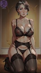 ai_generated arcane blue_eyes bra brown_hair cassandra_kiramann curvy curvy_figure earrings embarrassed grey_hair high_heels kneeling lace large_breasts league_of_legends lingerie makeup mature_female milf on_knees panties raiven riot_games skindentation stockings thick_thighs wide_hips worried