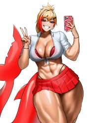 1girls abs athletic athletic_female looking_at_viewer peace_sign sotcho