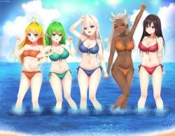 1futanari 4girls 5girls :d absurdres ahoge arm_up bandeau bare_arms bare_shoulders beach bikini black_hair black_sclera blonde_hair blue_bikini blue_eyes blue_sky blush braid breasts cleavage cloud colored_sclera commission commissioner_upload dark-skin dark-skinned_female dark_skin day earrings elf euphemy_sylvaine flat_chest front-tie_bikini_top front-tie_top futanari green_bikini green_eyes green_hair hair_between_eyes halterneck hand_up highres holding_hands hong_mei_ling_(ways_of_darkness) horizon horns incredibly_absurdres jewelry large_breasts locked_arms long_hair looking_at_viewer lori_hagami lotte_farona medium_breasts multiple_girls navel nemezish ocean official_art open_mouth orange_bikini outdoors pointy_ears queen_imani red_eyes red_swimsuit side-tie_bikini_bottom sky small_breasts smile spikes standing stomach strapless strapless_bikini swimsuit twin_braids underboob v wading water ways_of_darkness_(series) white_hair yellow_eyes