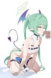 1boy absurdres all_fours argusrho_01 blue_archive bound bound_wrists demon_girl demon_tail demon_wings disembodied_penis earrings fellatio female full_body green_hair green_halo gun halo handgun head_wings highres jewelry long_hair navel nozomi_(blue_archive) oral penis pointy_ears simple_background solo_focus straight tail testicles thigh_strap tongue tongue_out twintails uncensored very_long_hair weapon white_background wings yellow_eyes
