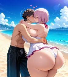 1boy 1girls ai_generated ass bare_shoulders beach big_ass big_booty big_breasts big_butt black-framed_eyewear black_hair blue_sky blush breasts breasts_bigger_than_head chubby cityscape closed_eyes couple day dress_swimsuit duo fat_ass fat_booty fat_butt fate/grand_order fate_(series) female fujimaru_ritsuka_(male) glasses hand_on_another's_neck hand_on_another's_waist happymouse heart hips hug huge_ass huge_breasts human human_female kissing large_breasts light-skinned_female light_skin long_hair love_heart male male_swimwear mash_kyrielight massive_breasts motion_lines pink_hair plump short_hair stable_diffusion standing thick_thighs thighs topless white_dress wide_hips