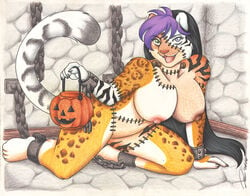 00s 2000s 2008 anthro bdsm black_hair blue_eyes bondage breasts cheetah fangs feline female fluffball frankenstein fur furry green_eyes hair halloween heterochromia leopard nipples pumpkin purple_hair shackles shelly siberian_tiger snow_leopard stitches tiger