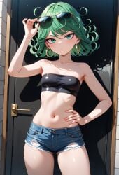 adjusting_glasses ai_generated armpits clothed_female collarbone contrapposto female green_eyes green_hair hand_on_own_hip hoop_earrings looking_at_viewer navel one-punch_man self_upload short_shorts stable_diffusion standing sunglasses_on_head tatsumaki thighs tubetop