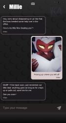 3d_(artwork) anthro between_thighs bodily_fluids canid canid_demon canine clothing cunnilingus demon dialogue digital_media_(artwork) duo english_text female fur genital_fluids handwear hellhound helluva_boss hi_res imp karouart legwear looking_at_another loona_(helluva_boss) male male/female mammal message millie_(helluva_boss) moxxie_(helluva_boss) mythological_canine mythological_creature mythology nipples oral red_body saliva sex text tongue tongue_out vaginal_fluid_string vaginal_fluids vaginal_penetration white_body white_fur yellow_eyes