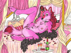 2010 anthro bed breasts butterfly canine cherry collar female fur furry handcuffs inviting key luthiennightwolf nude pink pussy raised_leg rose_petals solo spread_legs spreading wine wings wolf