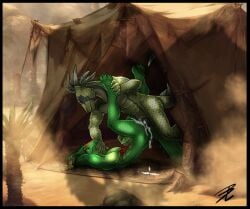 anal anal_sex anthro anthro_on_anthro anthro_penetrated anthro_penetrating anthro_penetrating_anthro argonian ass bodily_fluids bondage bondage bound capcom cum cum_in_ass cum_inside cum_on_butt cum_on_ground cumshot dazek desert duo ejaculation erection feathers front_view genital_fluids genitals green_body green_scales hands_behind_head hands_on_mouth horn legs_up light_bondage liliebia_(artist) lizard male male/male male_penetrated male_penetrating male_penetrating_male markings microsoft monster_hunter muscular nude nude_male penetration penile penile_penetration penis penis_in_ass reptile scales scalie sex smile spread_legs spreading tail tazguul tent the_elder_scrolls