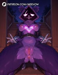1girls :3 ai_generated animal_ears anus artist_name belt body_fur breasts brown_belt female fortnite furry furry_female glowing hood large_breasts looking_at_viewer medium_breasts meevow navel night nipples outdoors pussy pussy_juice raven_team_leader solo spread_legs stairs sweat uncensored