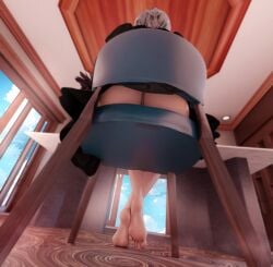 1boy 1girls 3d ass aswababa big_ass chair clothing feet female giantess light-skinned_female light-skinned_male light_skin low-angle_view male micro nier nier:_automata short_hair shrunk shrunken_male sitting size_difference white_hair yorha_2b yorha_9s
