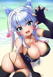 :d arm_support beach bikini claw_pose duel_masters fang fingerless_gloves heart huge_breasts lilly_(duel_masters) long_gloves looking_at_viewer nipple_bulge sitting smile thick_thighs wide_hips