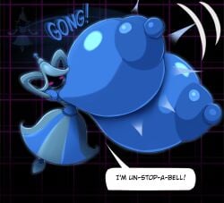 1girls animate_inanimate bell big_nipples blue_body blush breasts deltarune deltarune_chapter_4 dialogue english_text female hyper hyper_breasts living_object metachoke nipples onomatopoeia pun solo solo_female text wicabel_(deltarune)