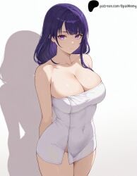 1girls ai_generated arms_behind_back bangs bare_shoulders breasts closed_mouth collarbone covered_navel curvy eyebrows_visible_through_hair female genshin_impact hair_between_eyes hair_over_shoulder hi_res high_quality high_resolution highres huge_breasts large_breasts legs light lips long_hair looking_at_viewer nose opal_nemy patreon patreon_logo patreon_url patreon_username plain_background purple_eyes purple_hair raiden_shogun self_upload shadow shiny shiny_hair shiny_skin shy simple_background thick_thighs thighs towel watermark white_background