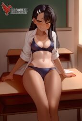 1girls 2d ai_generated areolae ass back bare_shoulders big_ass black_hair blue_eyes bra brown_eyes dark_skin dark_skinned_female day erophoenix female female_focus full_body hairclip hayase_nagatoro jewelry long_hair looking_at_viewer one-piece_tan panties patreon_username please_don't_bully_me,_nagatoro sitting skin_fang small_breasts smile solo tan tan_body tan_lines tanline thick thick_thighs uncensored underwear undressing