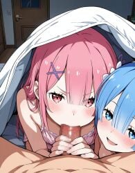 1boy 2girls ai_generated blue_eyes blue_hair blush censored erection fellatio looking_at_viewer mosaic_censoring navel open_mouth oral oral_sex otakuhikikomori penis pink_eyes pink_hair ram_(re:zero) re:zero_kara_hajimeru_isekai_seikatsu rem_(re:zero) spread_legs under_covers