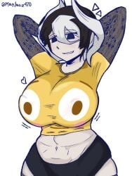 arms_up big_breasts black_and_white_hair black_eyes black_panties body_markings crop_top female female_only flushed_emoji_shirt hair_between_eyes made_in_abyss mayjazz470 meme meme_attire motion_lines ozen pale-skinned_female pale_skin panties smile solo tight_clothing two_tone_hair wide_hips