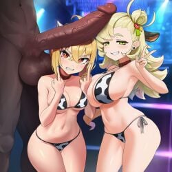 1boy 1girls 2girls ahoge angry animal_print bangs bikini blonde_hair blush breasts cheek_poking cleavage clenched_teeth collar cow_print dark_skin dark_skinned_male erection green_eyes grin happy heart-shaped_pupils height_difference huge_cock imminent_oral interracial large_breasts large_penis long_hair looking_at_viewer luciana_de_montefio micro_bikini middle_finger navel penis penis_awe penis_on_face piper_wheel red_eyes sharp_teeth side-tie_bikini smile straight string_bikini swimsuit teeth testicles uncensored v veins veiny_penis zenless_zone_zero