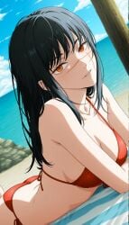 1girls ai_generated bikini chainsaw_man laying_on_stomach orange_bikini solo yoru_(chainsaw_man)