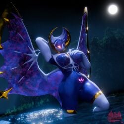 absurd_res anthro breasts female forest forest_background generation_7_pokemon glowing glowing_eyes hi_res lake legendary_pokemon lunala moon nature nature_background nintendo nude outside pinup plant pokemon pokemon_(species) pose potatotime solo solo_focus tree vulva water watermark wings womb_tattoo
