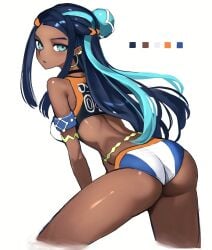 1girls absurdres aqua_hair armband ass back bikini black_choker black_hair blue_eyes breasts choker closed_mouth cropped_legs dark-skinned_female dark_skin earrings female from_behind hair_ornament highres hoop_earrings jewelry kasumi_6 leaning_forward looking_back medium_breasts multicolored_hair nessa_(pokemon) nintendo pokemon pokemon_ss simple_background solo swimsuit thighs two-tone_hair white_background