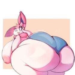 ass blue_eyes eeveelution female huge_ass no_humans open_mouth pokemon pokemon_(creature) smile solo striped sylveon thick_thighs thighs
