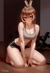 1girls 2d ai_generated ass barefeet big_ass breasts brown_hair erophoenix feet female female_focus full_body gym hairclip hololive hololive_english hololive_english_-council- hololive_english_-promise- indoors looking_at_viewer medium_breasts nanashi_mumei navel patreon_username short_shorts shorts solo solo_female sports_bra sweat thick thick_thighs toes uncensored virtual_youtuber vtuber