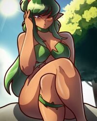 breasts clothing dryad_(terraria) female green_hair johnv leaf leaves leaves_on_breasts outside purple_eyes re-logic rock terraria thick_thighs touching_hair vines