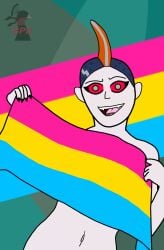 black_claws blind_peacock_draws blind_peacock_draws_(artist) blue_hair covering covering_breasts fin_hawk flag flag_(object) mohawk mohawk_(hairstyle) monster monster_girl naked naked_female orange_hair original original_art original_artwork original_character pansexual pansexual_flag pansexual_pride_colors pride_color_flag pride_colors pride_month rare_(blindpeacockdraws) rare_(monster_form)_(blindpeacockdraws) red_eyes sharp_claws sharp_teeth shaved_side white_skin