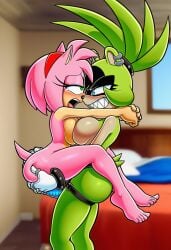 2girls ai_generated ambiguous_penetration amy_rose big_ass big_breasts completely_nude completely_nude_female feet female female_only green_skin novelai nude_female open_mouth pink_skin screaming_in_pleasure sonic_(series) sonic_the_hedgehog_(idw) sonic_the_hedgehog_(series) squeezing_ass squeezing_butt stand_and_carry_position standing standing_sex strap-on surge_the_tenrec upright_straddle yuri