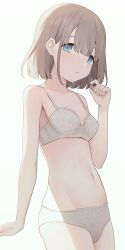 armpit_crease bare_arms bare_belly bare_legs bare_shoulders bare_thighs belly_button blue_eyes blush bra breasts cleavage collarbone grey_hair groin hiroki_yyqw7151 idolmaster idolmaster_shiny_colors panties parted_lips serizawa_asahi short_hair small_breasts thighs underwear underwear_only white_bra white_panties