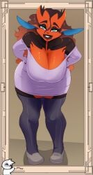 1girls alien alien_girl alien_humanoid bare_shoulders bent_over big_breasts black_lips brown_hair cleavage clothing female female_only green_eyes long_hair looking_at_viewer mature_female milf n-ronin puazi smiling smiling_at_viewer solo thighhighs very_high_resolution