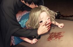 2boys bent_over black_hair blonde_hair blood blush brown_eyes cannibalism clothes_lift corpse dress dress_lift erection feeding female force-feeding game_cg guro highres kaguyuzu kazui_koyuki multiple_boys nie_no_hakoniwa non-web_source one_eye_closed penis rape sex sex_from_behind short_hair solo_focus straight yasaka_kurou