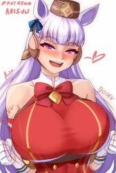 1girls animal_ears anisdrawn blunt_bangs blush bow bowtie breasts dress ear_bow female gloves gold_ship_(umamusume) grey_hair hat highres horse_ears horse_girl large_breasts long_hair looking_at_viewer open_mouth pillbox_hat purple_eyes red_dress school_uniform shirt smile solo tracen_school_uniform umamusume upper_body