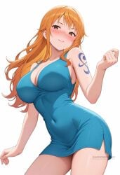 ai_generated bare_shoulders blue_dress blush breasts brown_eyes cleavage collarbone covered_navel cowboy_shot dress female hand_up large_breasts long_hair looking_at_viewer nami_(one_piece) one_piece orange_eyes orange_hair parted_lips shadowrealmarts short_dress shoulder_tattoo simple_background sleeveless sleeveless_dress smile solo tattoo thighs tight_dress twitter_username uncensored white_background
