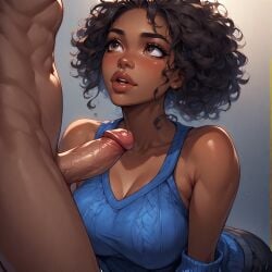 afro ai_generated dark-skinned_female dark_hair dark_skin kneeling kneeling_oral_position light-skinned_male light_skin