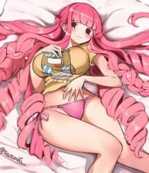 1girls alternate_costume bed bikini bikini_under_clothes black_eyes blunt_bangs breasts cleavage drill_hair embarrassed female highres kasumi_roku large_breasts lips long_hair looking_at_viewer lying no_pupils official_alternate_costume on_bed one_piece perona pink_bikini pink_hair print_shirt shiny_skin shirt side-tie_bikini_bottom simple_background solo swimsuit thong thong_bikini twintails twitter_username umbrella very_long_hair