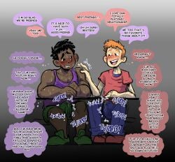 2boys black_body black_hair blue_eyes english_text erect_penis erection erection_under_clothes erection_under_clothing eyes gay gay_male hair mind precum text tez_(artist) yaoi