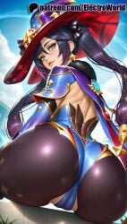 1girls 2025 ai_generated aqua_eyes artist_name ass electroworld female genshin_impact half-closed_eyes hat hi_res high_quality high_resolution highres leotard looking_at_viewer mona_(genshin_impact) patreon patreon_username solo stable_diffusion twintails water watermark