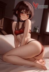 1girls 2d ai_generated ass back bare_shoulders barefoot big_ass bra brown_hair collar erophoenix female female_focus full_body kono_subarashii_sekai_ni_shukufuku_wo long_hair looking_at_viewer megumin pale_skin pale_skinned_female panties patreon_username red_eyes short_hair sitting small_breasts smile soles solo thick thick_thighs uncensored underwear