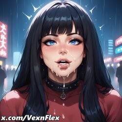 ai_generated bangs black_hair blue_eyes blunt_bangs blush collar crowd cum eyelashes eyeshadow facial female hi_res high_resolution lips long_hair looking_at_viewer makeup night nose open_mouth outdoors parted_lips patreon_username rain red_sweater shiny smile solo solo_focus teeth upper_body upper_teeth_only vexnflex watermark web_address