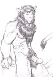 anthro balls erection felid frown genitals humanoid_genitalia humanoid_penis jeri_kleinlowe lion looking_at_viewer male mammal muscular navel nipples pantherine penis pubes simple_background solo tail thick_penis traditional_media_(artwork) white_background