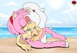 accessory amy_rose anthro beach big_breasts blush breasts canon_x_oc closed_eyes duo eulipotyphlan eyeshadow fan_character feet female female/female grey_body hair hair_accessory hairband hedgehog hi_res kissing ladycherrybomba makeup mammal nude nude_female ponytail sea sega sky skyscape sonic_the_hedgehog_(series) sun water