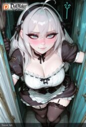 ahoge ai_generated alternate_costume bangs blue_eyes blush breasts cleavage collarbone dollmaker dollmaker_(artist) dress female from_above hair_between_eyes hairband heart heart-shaped_pupils large_breasts long_hair looking_at_viewer mole mole_on_breast patreon_username puffy_sleeves silver_hair smile solo sweat symbol-shaped_pupils tagme thighhighs twitter_username web_address