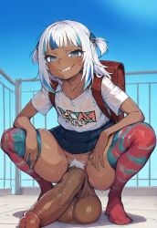 1girls ai_generated artist_request bangs blue_eyes dark_balls dark_penis dark_skin futa_only futanari gawr_gura hololive hololive_english huge_cock looking_at_viewer outdoors pubic_hair small_breasts squatting uncensored white_hair