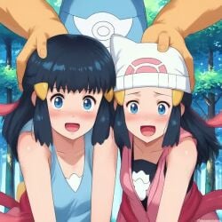 1boy 2girls blue_eyes blue_hair dawn_(pokemon) double_blowjob forest happy head_grab looking_at_viewer tagme tentacle threesome video