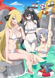 ahoge armpits arms_under_breasts ass_visible_through_thighs bare_arms bare_belly bare_legs bare_shoulders bare_thighs belly_button big_breasts bikini black_eyes black_hair blonde_hair blue_eyes blush body_blush breasts cleavage closed_mouth collarbone crossover cynthia_(pokemon) eggman_(ni_tamagoex) flower_in_hair fubuki_(senran_kagura) grey_hair groin hair_ornament hair_over_one_eye hot_spring long_hair onsen outdoors pale_skin parted_lips partially_submerged pokemon ponytail senran_kagura shiny_skin short_hair sitting smile standing steam stretching_arms thighs wading water wet_body white_bikini yumi_(senran_kagura)