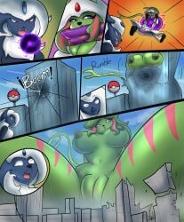 4_fingers absol absurd_res anthro areola aroused big_breasts breasts building building_destruction city comic destruction duo eeveelution espeon extreme_size_difference female female/female fingers forked_tail front_view fur gem generation_2_pokemon generation_3_pokemon genitals green_areola green_body green_fur green_nipples green_pussy green_tail group growing growth hi_res lamedasize larger_female macro macro_female mammal markings nintendo nipples paws pokemon pokemon_(species) pokemorph purple_sclera size_difference spread_legs spreading striped_markings striped_tail stripes tail tail_markings unusual_anatomy unusual_tail vee_(beagle) vulva white_eyes