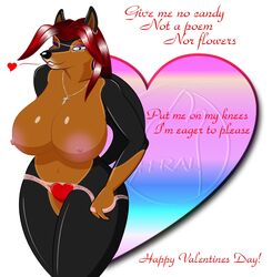 anthro big_breasts breasts canine female fur furry glasses heart huge_breasts husky looking_at_viewer panties poem red_hair shay_feral_(artist) solo underwear undressing valentines_day