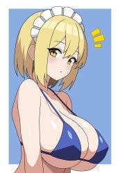 1girls absurd_res big_breasts bikini blonde_hair breast_focus breasts female female_only looking_at_viewer maid maid_headdress mugetsu notice_lines portrait short_hair side_view simple_background solo swimsuit touhou touhou_(pc-98) yellow_eyes
