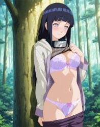 1girls ai_generated hyuuga_hinata kiranull naruto pants_down purple_bra purple_panties purple_underwear shirt_lift solo underwear undressing