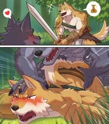 anal anal_sex anthro ass black_body black_fur black_nose blush blush_lines bottomwear canid canine canis claws clothing doggy_style duo fangs fantasy finger_claws forced forced_anal from_behind_position fur heart_symbol hi_res highwayman horumu instant_loss_2koma kemono loincloth male male/male male_penetrated male_penetrating male_penetrating_male mammal melee_weapon nude_anthro nude_male pecs penetration rape sex shoulder_guards sword tan_body tan_fur teeth thief weapon white_body white_fur wolf